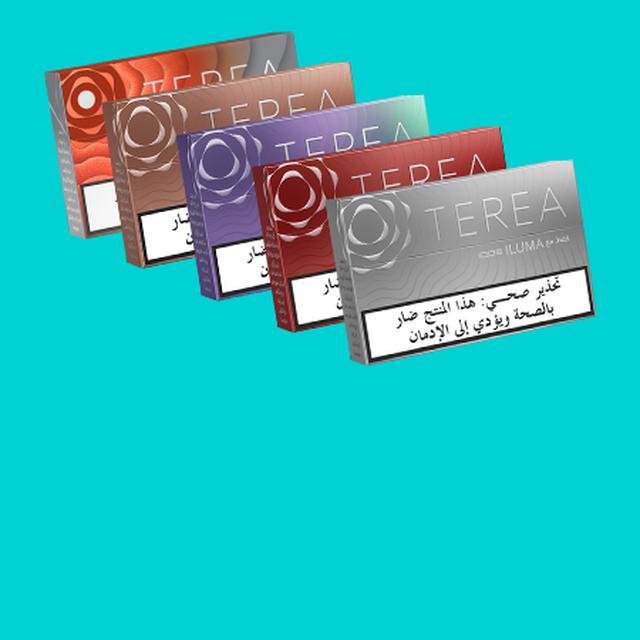 Four IQOS ILUMA TEREA packs on a turquoise background