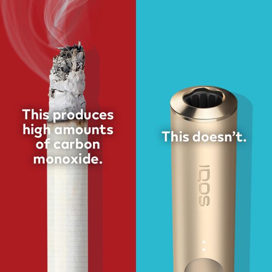 Lit cigarette end compared to IQOS HEETS stick in IQOS 3 DUO holder.