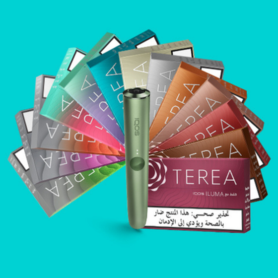 Seven IQOS ILUMA TEREA packs on a turquoise background