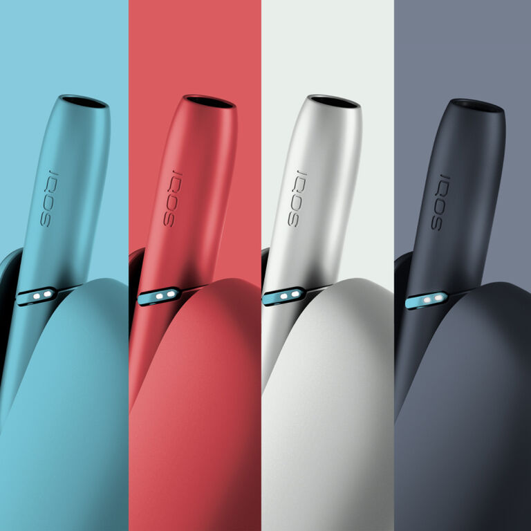 IQOS Originals Duo heated tobacco device in 4 vibrant colors: turquoise, red, silver and black.