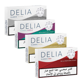 Four IQOS ILUMA DELIA tobacco sticks packages