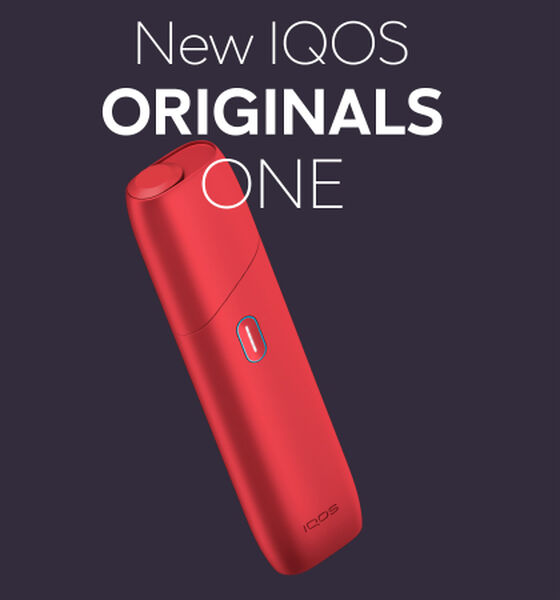 New IQOS Originals One banner and heated tobacco device in red color.