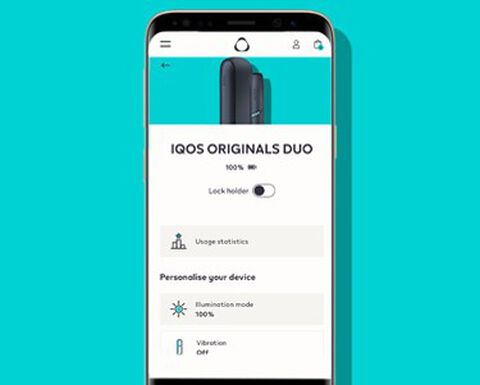 A mobile phone screen showing IQOS 3 DUO on an IQOS app screen.