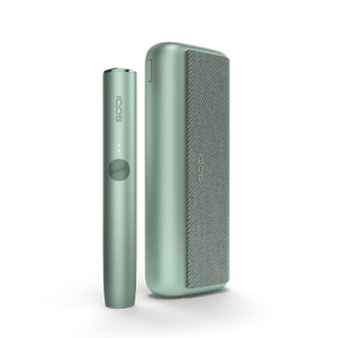 A Jade Green IQOS ILUMA PRIME Holder and Pocket Charger.