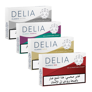 Four IQOS ILUMA DELIA tobacco sticks packages