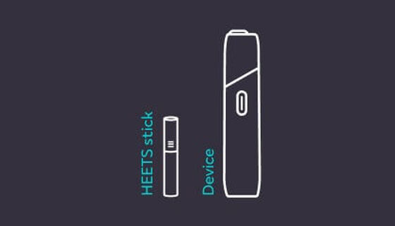 Stylized IQOS Originals ONE heated tobacco device and heet stick.