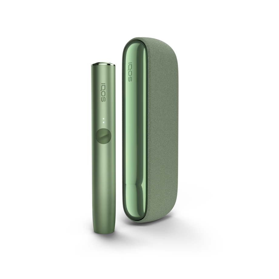A Moss Green IQOS ILUMA device and Pocket Charger. 