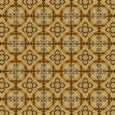 Geometric design composed of circular and diamond shapes with intricate, organic textures in shades of beige, brown, and black, arranged symmetrically on a grid.