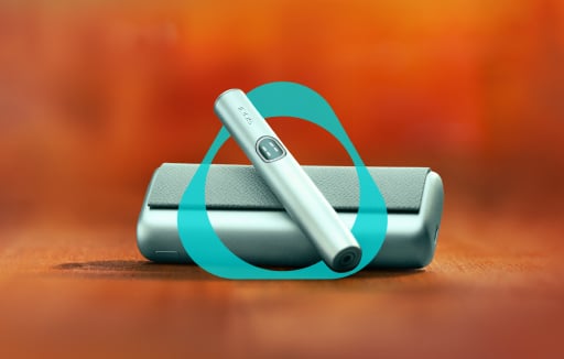 Futuristic teal light pattern with a glowing IQOS ILUMA I device outline in the center.