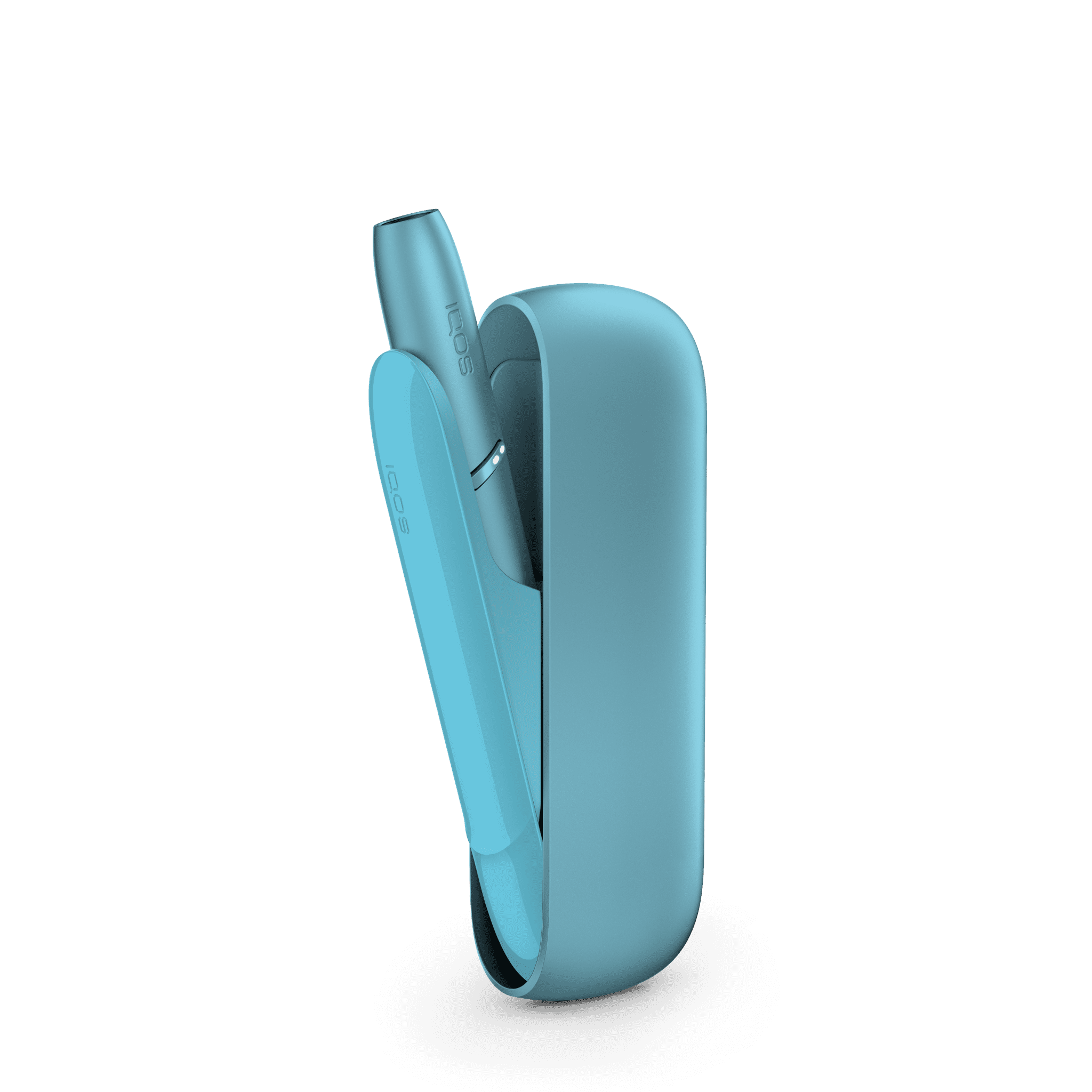 IQOS Originals Duo heated tobacco holder and pocket charger in turquoise color.