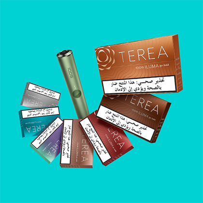 Seven IQOS ILUMA TEREA packs on a turquoise background